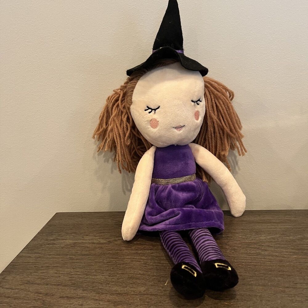 Cynthia Rowley Curious NY 20" Plush Witch Doll Brown Yarn Hair, Witch Hat Purple